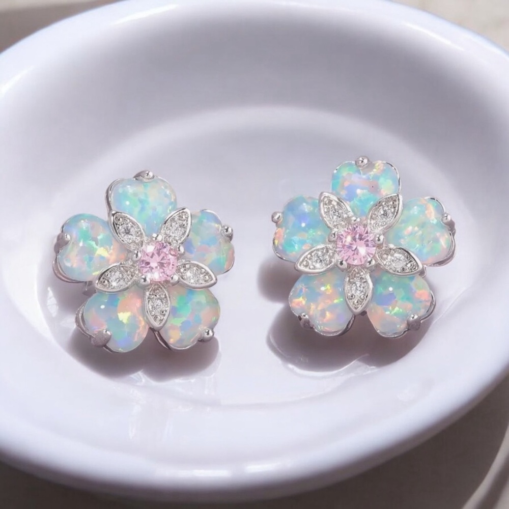 Iridescent White Gold Plated Opal Flower Stud Earrings with Pink Center. New.